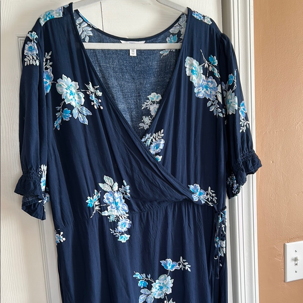 Floral Navy Blue Faux Wrap Dress